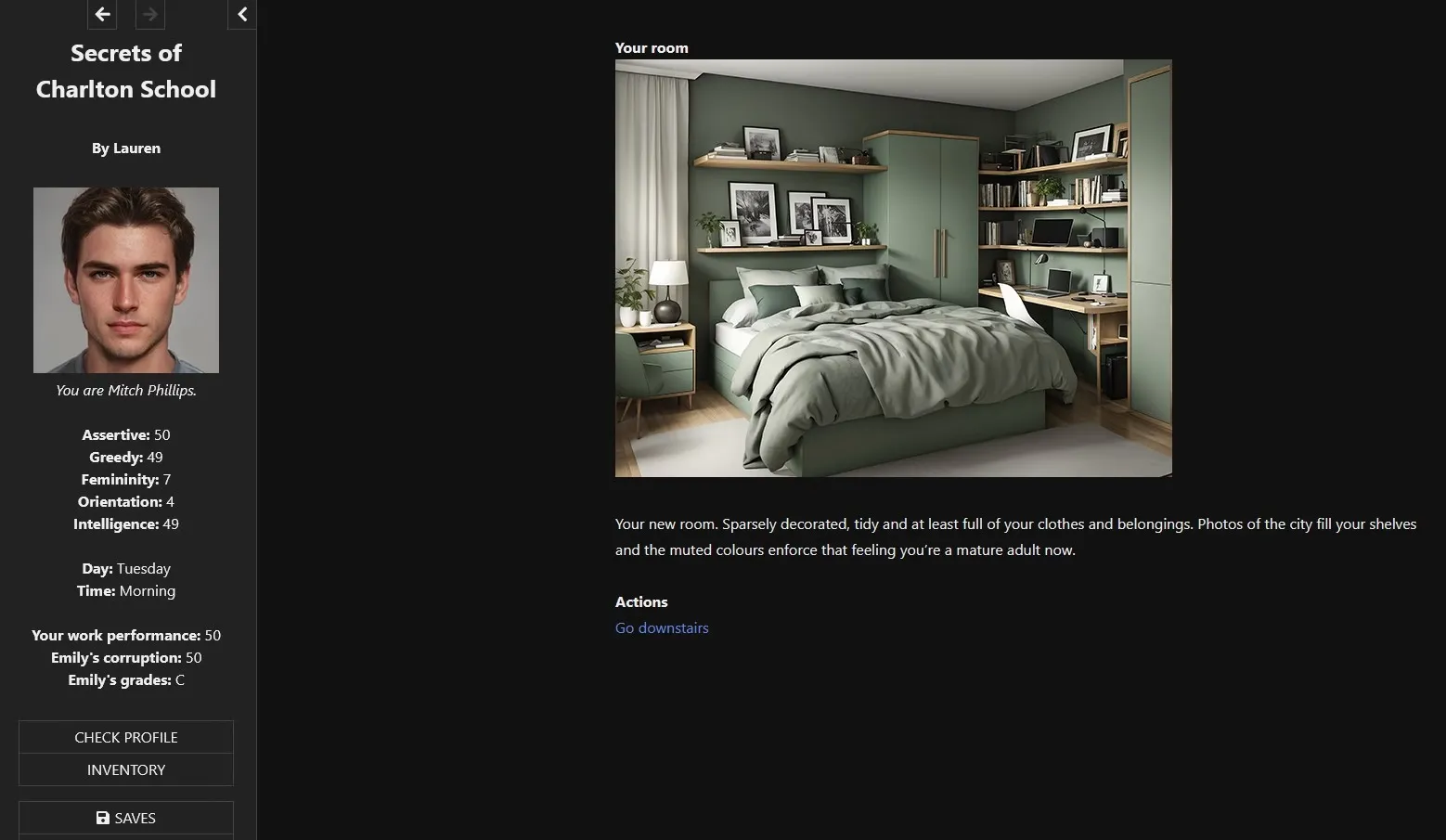 Secrets of Charlton School gameplay screenshot 1 (HTML adult game) by Lauren – free download
