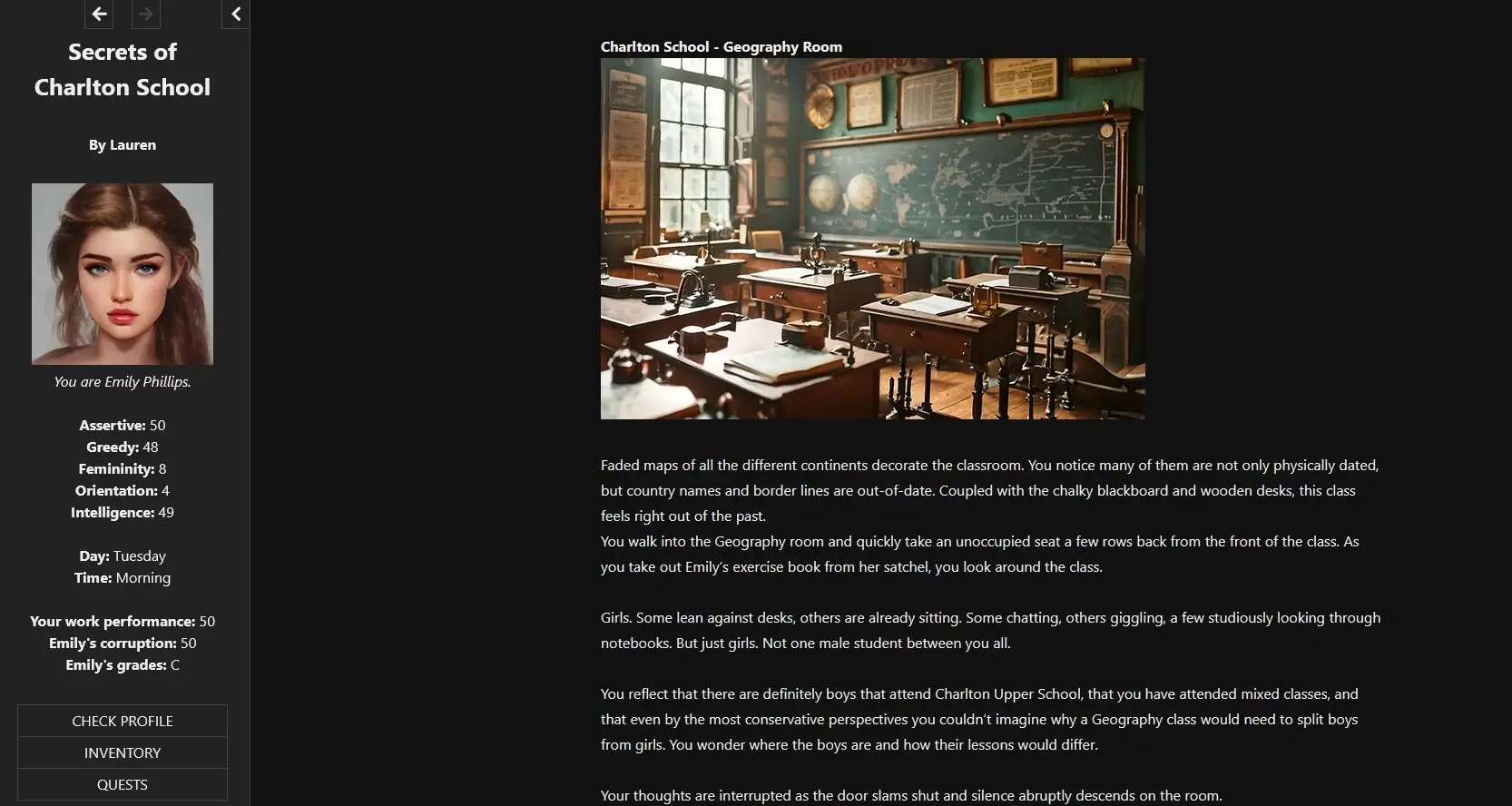 Secrets of Charlton School gameplay screenshot 3 (HTML adult game) by Lauren – free download