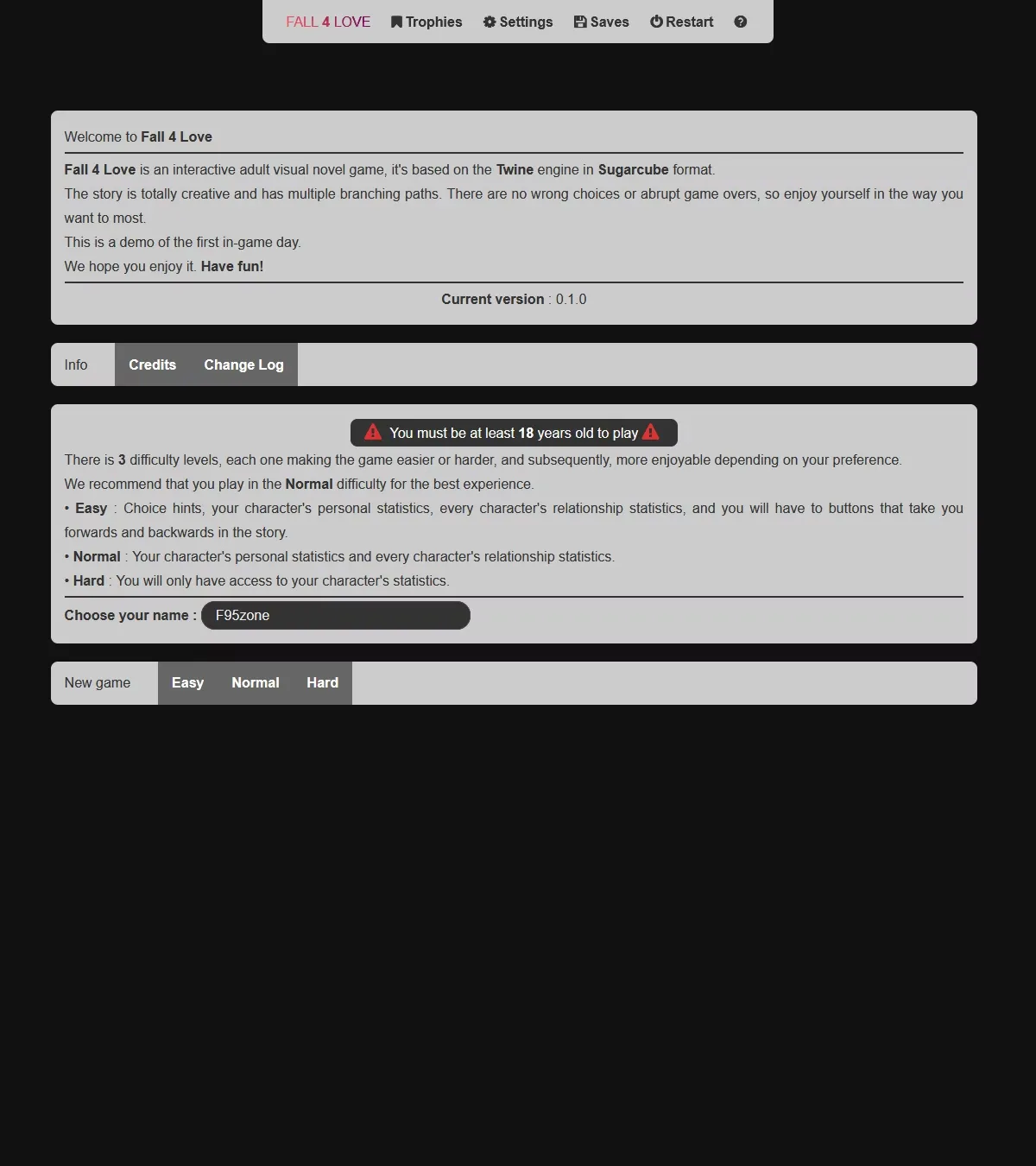 Fall 4 Love gameplay screenshot 1 (HTML adult game) by F4L – free download
