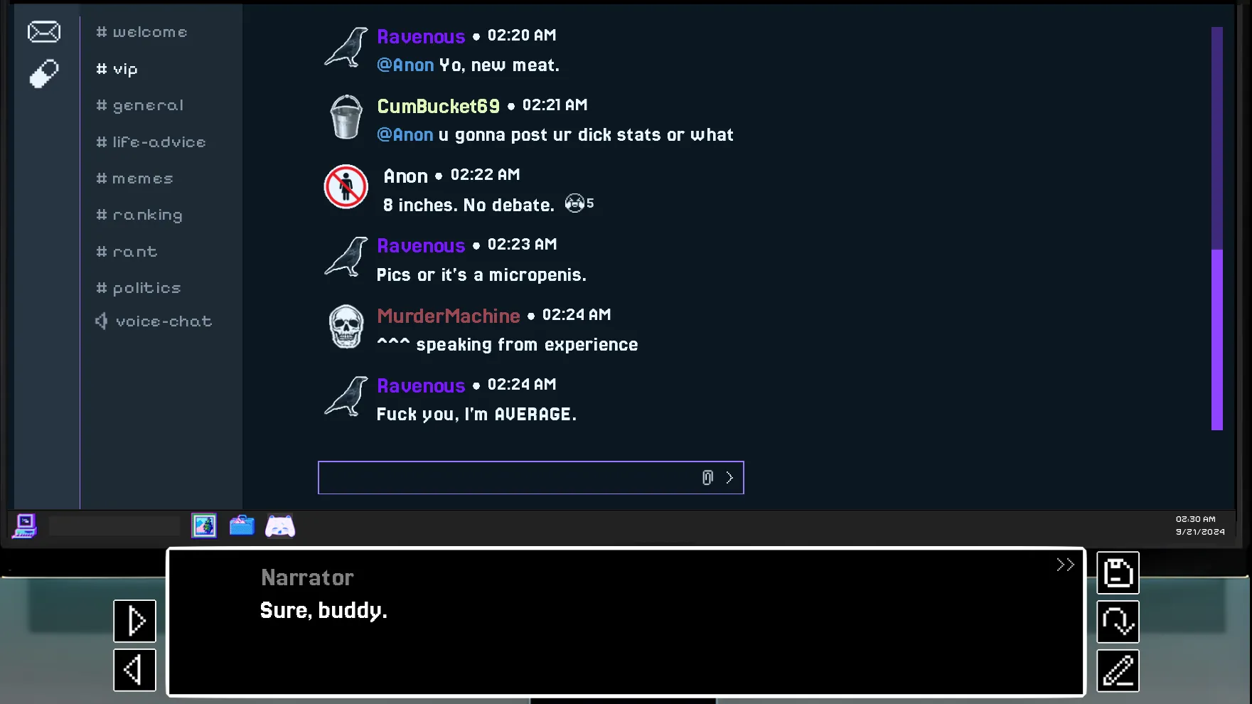 Incel Server gameplay screenshot 1 (Ren'Py adult game) by Ratten – free download