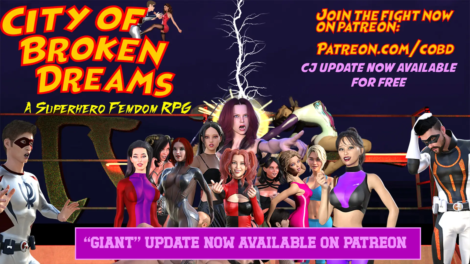 City of Broken Dreams: A Femdom Superhero Game cover 0.192 – RPGM adult game by BrokenDreams free download