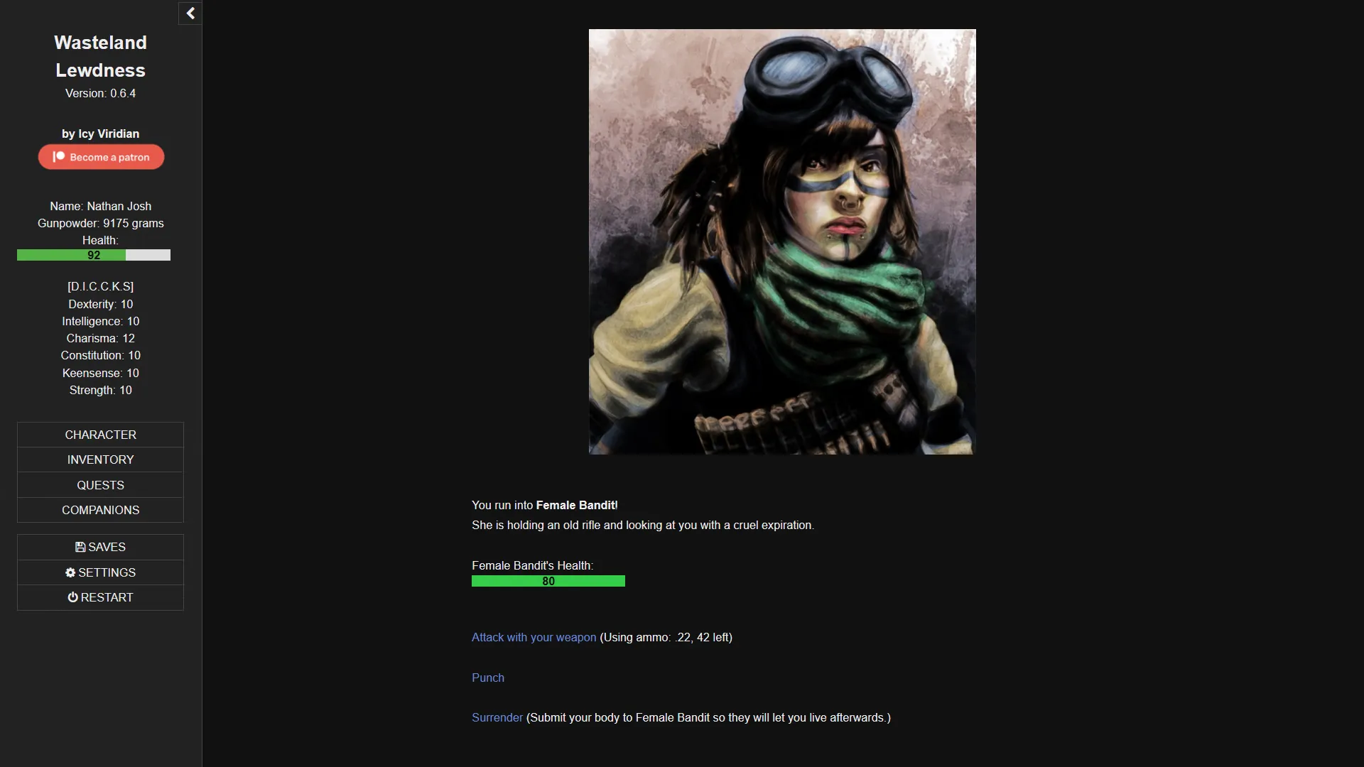 Wasteland Lewdness gameplay screenshot 1 (HTML adult game) by Icy Viridian – free download