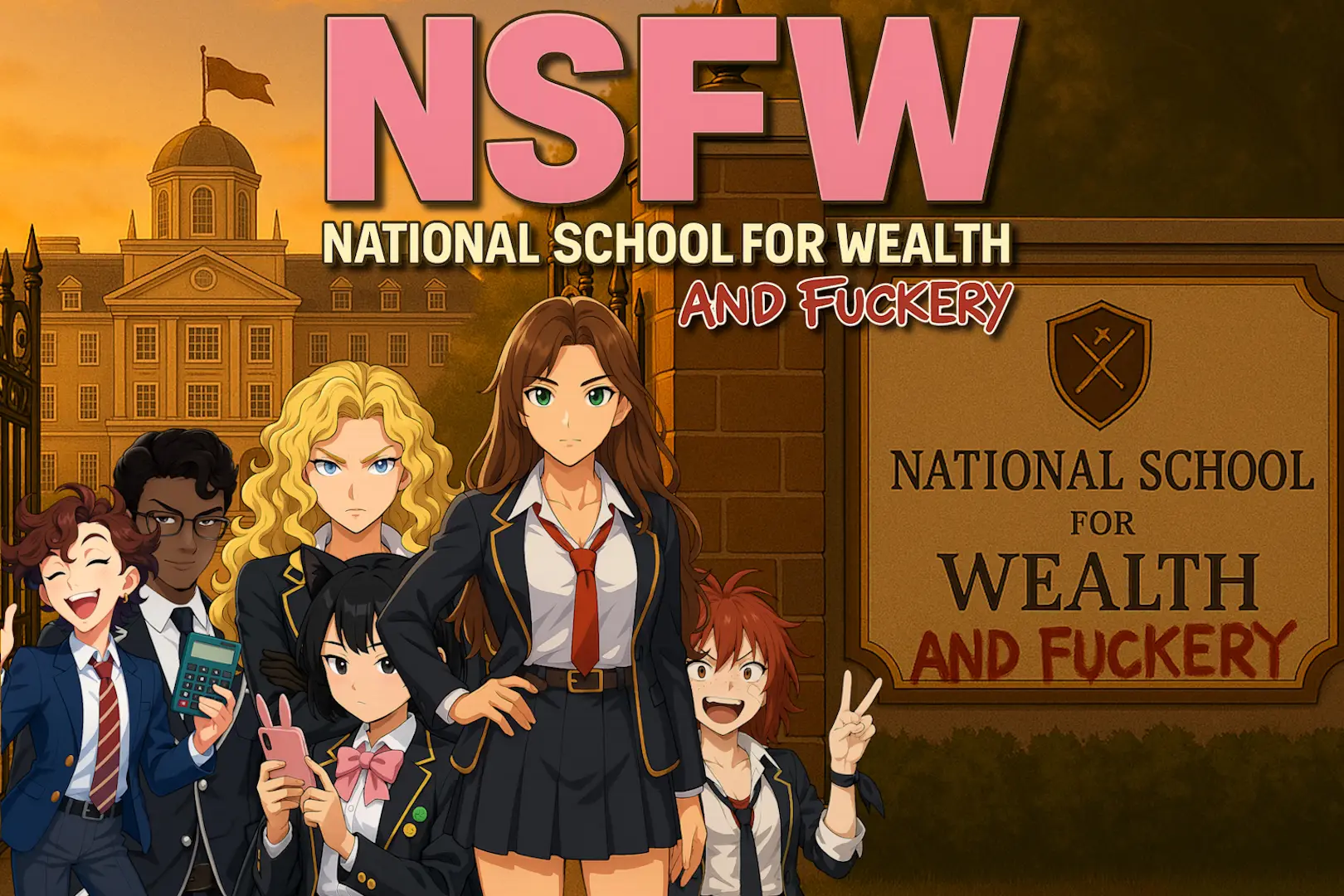 NSFW: National School for Wealth … and Fuckery cover Alpha 0.7.3.2 – Ren'Py adult game by SWAJ free download