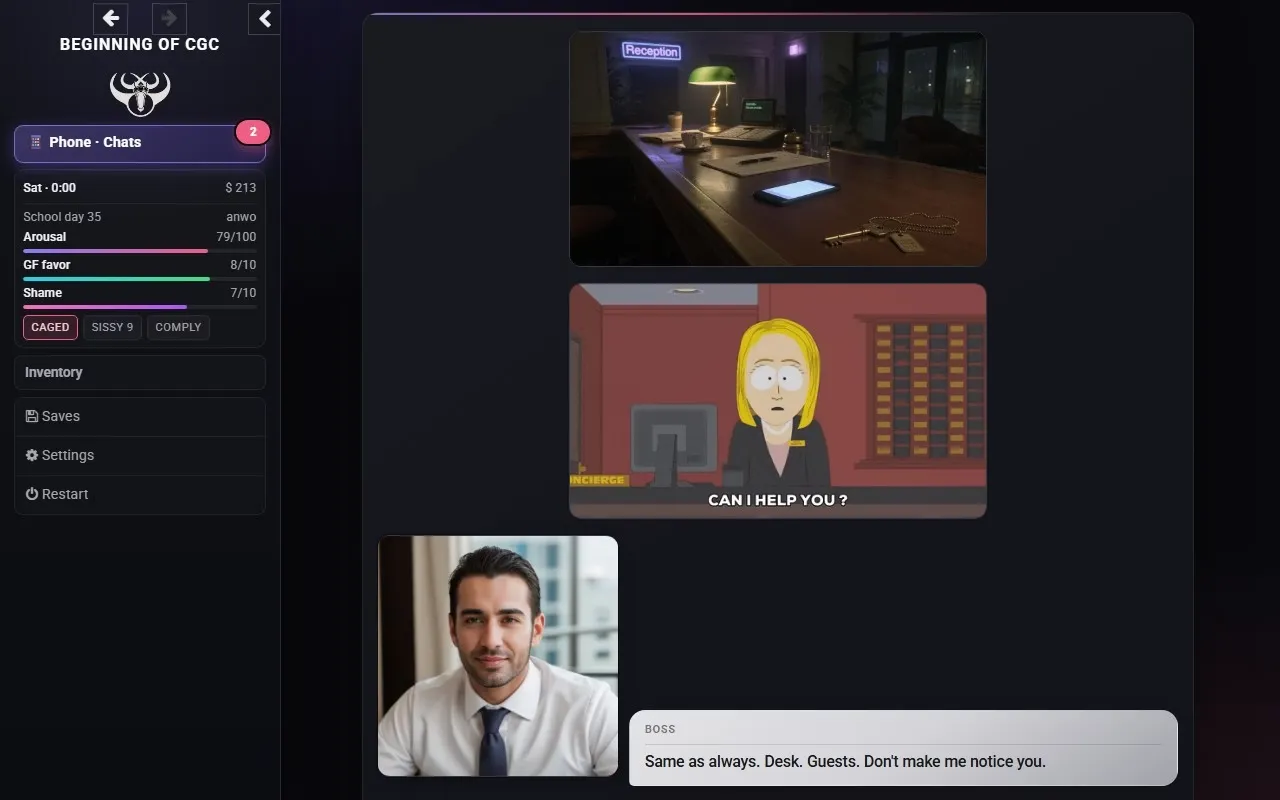Beginning of CGC gameplay screenshot 7 (HTML adult game) by mininator – free download