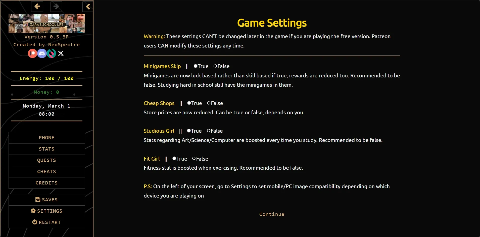 Zara’s School Life gameplay screenshot 1 (HTML adult game) by NeoSpectre – free download