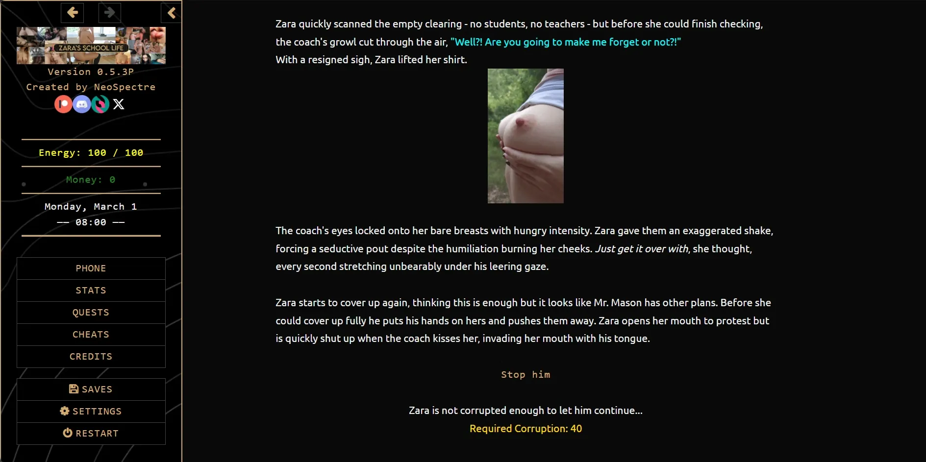 Zara’s School Life gameplay screenshot 2 (HTML adult game) by NeoSpectre – free download